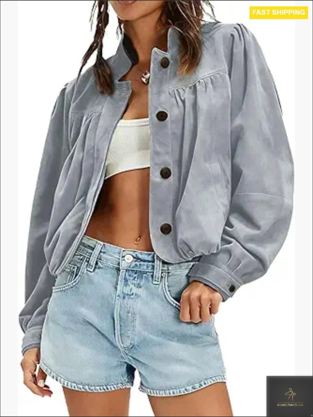 Faux Suede Jacket Oversized Puffed Long Sleeve Stand Collar Button Down Pilot